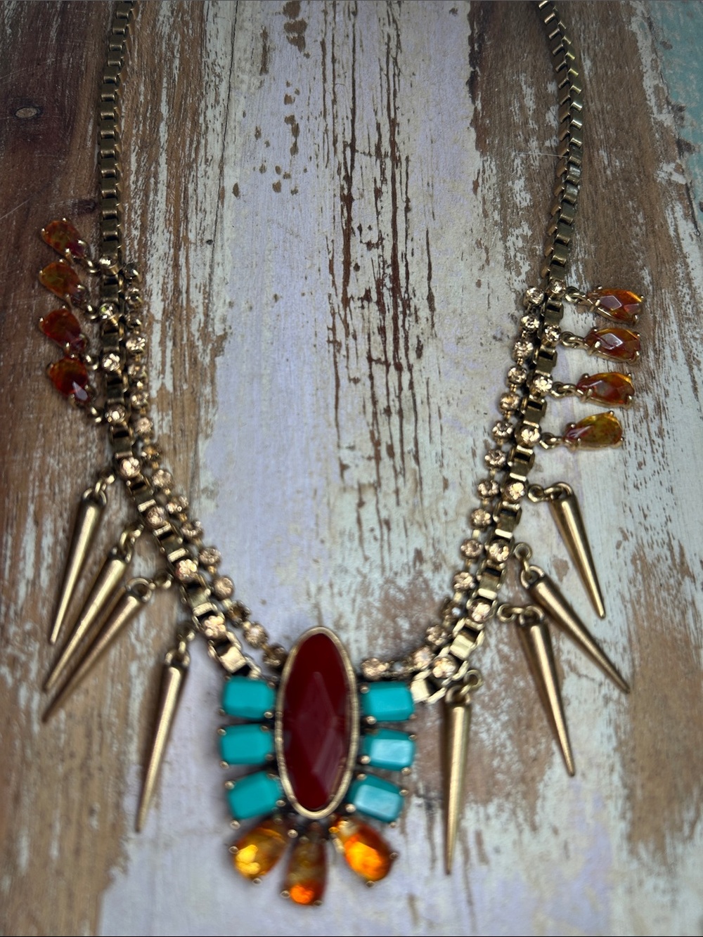 Lucky Brand Southwest Necklace w Spikes, Turquoise, Orange & Red Cabochons - Picture 7 of 12